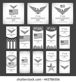 Independence day greeting card typographic design in vintage style. Set of Independence day graphics, objects and labels, emblems, symbols, icons and badges. Vector templates and design elements.