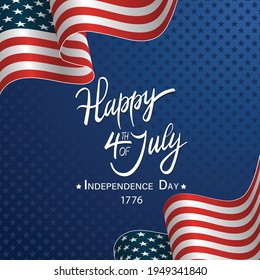 Independence Day greeting card with United States national flag and hand lettering text Happy 4th of July. Vector illustration