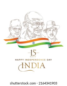 Saludos del Día de la Independencia con la ilustración de Héroes Nacionales y Luchadores de la Libertad como Mahatma Gandhi, Bhagat Singh, Subhash Chandra Bose.