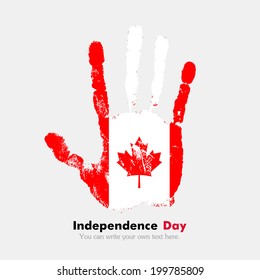 Independence Day. Grungy style. Hand print and five fingers. Used as an icon, card, greeting, printed materials.  Flag of Canada