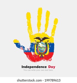 Independence Day. Grungy style. Hand print and five fingers. Used as an icon, card, greeting, printed materials.  Flag of Ecuador