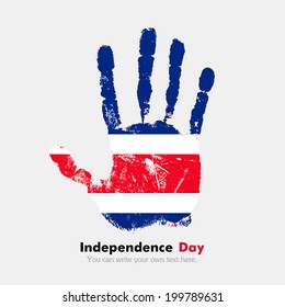 Independence Day. Grungy style. Hand print and five fingers. Used as an icon, card, greeting, printed materials.  Flag of Costa Rica