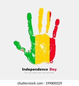 Independence Day. Grungy style. Hand print and five fingers. Used as an icon, card, greeting, printed materials.  Flag of Mali