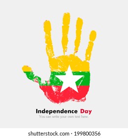 Independence Day. Grungy style. Hand print and five fingers. Used as an icon, card, greeting, printed materials.  Flag of Myanmar