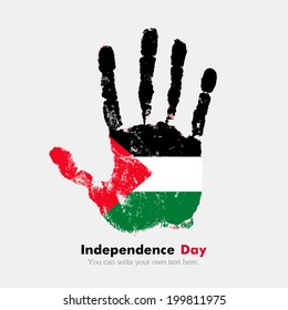 Independence Day. Grungy style. Hand print and five fingers. Used as an icon, card, greeting, printed materials.  Flag of Palestine