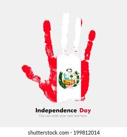 Independence Day. Grungy style. Hand print and five fingers. Used as an icon, card, greeting, printed materials.  Flag of Peru