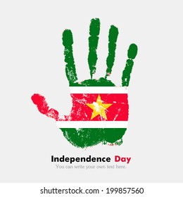 Independence Day. Grungy style. Hand print and five fingers. Used as an icon, card, greeting, printed materials.  Flag of Suriname