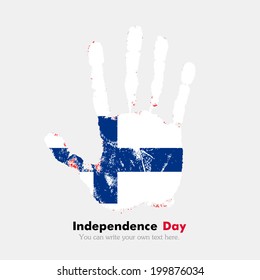 Independence Day. Grungy style. Hand print and five fingers. Used as an icon, card, greeting, printed materials.   Flag of Finland