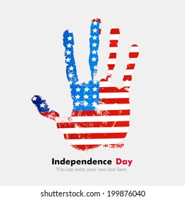 Independence Day. Grungy style. Hand print and five fingers. Used as an icon, card, greeting, printed materials.  U.S. flag