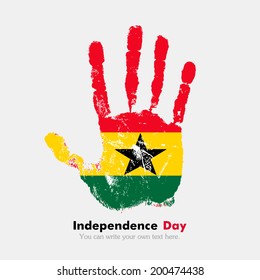 Independence Day. Grungy style. Hand print and five fingers. Used as an icon, card, greeting, printed materials.  Flag of Ghana