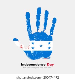 Independence Day. Grungy style. Hand print and five fingers. Used as an icon, card, greeting, printed materials.  Flag of Honduras
