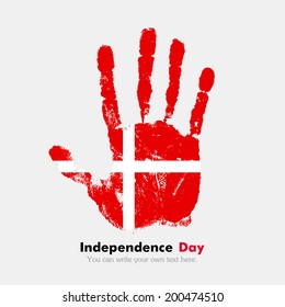 Independence Day. Grungy style. Hand print and five fingers. Used as an icon, card, greeting, printed materials. Flag of Denmark