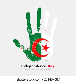 Independence Day. Grungy style. Hand print and five fingers. Used as an icon, card, greeting, printed materials. Algeria flag