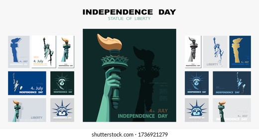 Independence day, hand with torch, presentation. Statue of Liberty, set of flat design templates. USA. Holiday. Symbol of America. New York. Information banner. Advertising text title, poster, vector