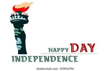 Independence Day. The hand is a torch. Statue of Liberty. US flag holidays. July 4 flat banner. 3D letter font. Color, green and blue illustration on a white background. vector
