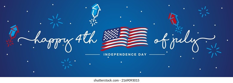 Independence day Happy 4th of july handwritten typography USA abstract wavy flag firework confetti stars blue background banner