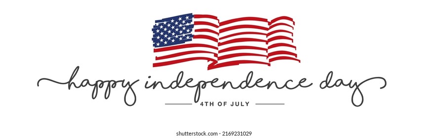 Independence Day Happy 4th of july handwritten typography calligraphy USA abstract wavy long drawn flag white background