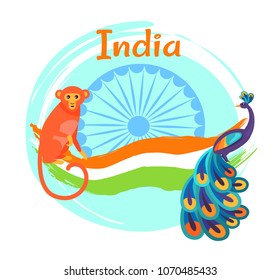 Independence Day holiday poster with Indian national flag, wheel silhouette, colorful peacock with thick tail and monkey vector illustration.