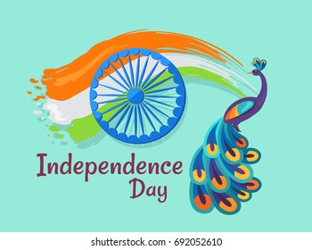 Independence Day holiday poster with Indian national flag, wheel silhouette and colorful peacock with thick tail vector illustration.