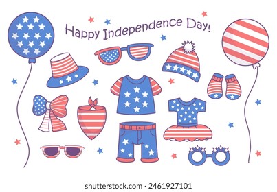 Independence Day holiday set. Cute festive patriotic dog clothes, accessories, party decorations, balloon, dress, socks, hat, bow in American flag colors. Isolated vector illustrations.