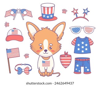 Independence Day Ferien Set. Netter festlicher Hund Chihuahua Junge mit patriotischen Kleidern, Accessoires, Party-Dekorationen in amerikanischen Flaggenfarben. Cartoon lustiges kawaii Haustier. Vereinzelte Vektorillustrationen.