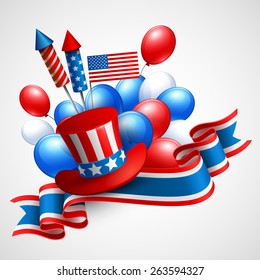 Independence Day holiday symbols. Balloon, flag, ribbon, president hat and fireworks rocket. Vector illustration 