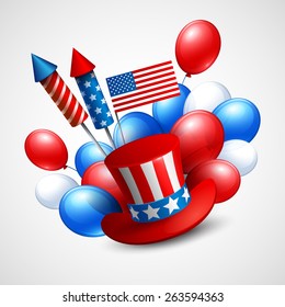 Independence Day holiday symbols. Balloon, flag,  president hat and fireworks rocket. Vector illustration EPS 10