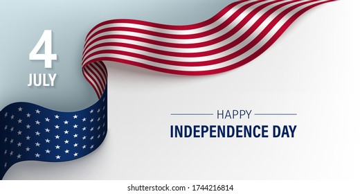 Independence Day horizontal poster with flying National flag of USA on a light background. Template design for card, banner, poster. Vector illustration.