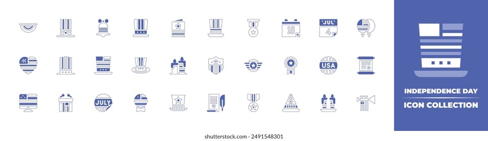 Independence day icon collection. Duotone style line stroke and bold. Vector illustration. Containing independentday, independence, hat, adhesive, candles, tribune, heart, badge, computer.