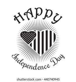 Independence Day icon. Happy Independence Day of America. US Flag in shape of heart. Black icon isolated on white background. Vector illustration