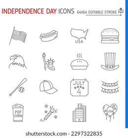 Independence day icon line set, holiday vector collection, logo illustrations, independence day vector icons, outline style pictogram pack, editable stroke icons.