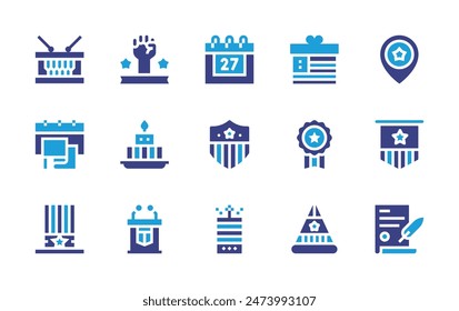 Independence day icon set. Duotone color. Vector illustration. Containing drum, placeholder, independenceday, banner, hand, medal, firecracker, document, thofjuly, rostrum, giftbox, hat, badge.