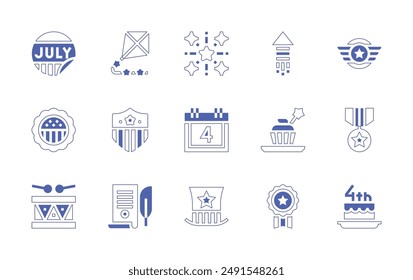 Independence day icon set. Duotone style line stroke and bold. Vector illustration. Containing independentday, independence, independenceday, drum, adhesive, kite, american, fireworks, badge.