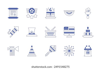 Independence day icon set. Duotone style line stroke and bold. Vector illustration. Containing badge, drum, independenceday, insignia, cake, fireworks, thofjuly, scroll, computer, torch.