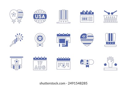 Independence day icon set. Duotone style line stroke and bold. Vector illustration. Containing independenceday, paperscroll, banner, badge, firecracker, calendar, heart, hat, balloon.