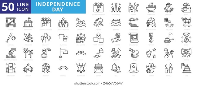 Independence day icon set with fireworks, parades, barbeques, carnivals, picnics, concerts, baseball, and political speeches.