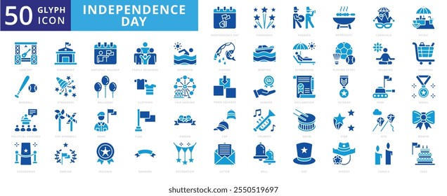 Independence day icon set with hat, veteran, baseball, fishing, ribbon, shopping, fireworks, star, cake, flag, banners, balloons, letter, concert, picnic, medal, swimming, candle, and clothing