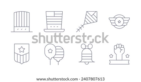 Independence day icons. Editable stroke. Containing hat, kite, emblem, liberty bell, ballons, badge, hand.
