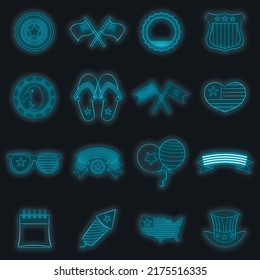 Independence day icons set. Illustration of 16 independence day vector icons neon color on black