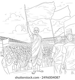 Independence Day illustration, historical leader rallying a large crowd, children's book, educational materials