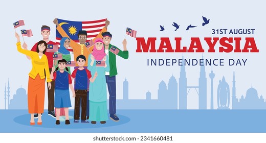 Independence day, Illustration of Malysian people holding small flags