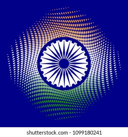 Independence Day of India. 15 August. The colors of the flag are green, white, saffron. Blue wheel with 24 spokes. Blue background