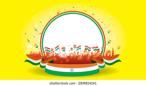Independence Day India. 15 August People celebrating with tricolour flag banner background