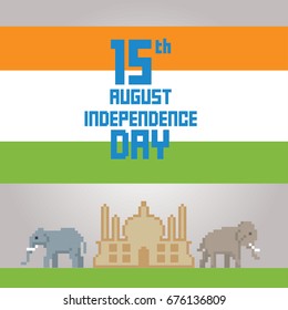 Independence Day of India. 15 th of August. Pixel art. Old school computer graphic style. Games elements.
