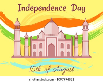 Independence day of India 15th August famous luxurious Taj Mahal building with high towers. Indian huge Asian style castle vector on backdrop of flag