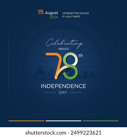 Día de la independencia de la India - 78.º Día de la independencia de la India 15 de agosto de 2024, Creativo de redes sociales con tricolor en fondo azul, celebración de la independencia de la India con un elegante tema de diseño