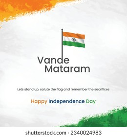 Independence Day, India, August 15, Vande Mataram Typography in English Language. Social Media Creative Vector Design template