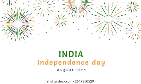 Banner do Dia da Independência da Índia de 15 de agosto com fogos de artifício. Modelo de panfleto com cartaz de feriado nacional patriótico com tipografia. Cartão comemorativo com brilho de cor de bandeira de estilo plano. Ashoka chakra.