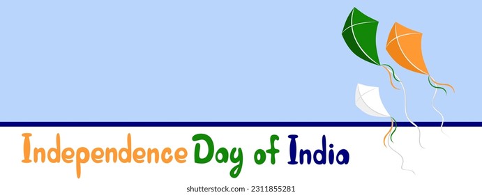 Independence Day of India banner with kites in national flag colours. Lettering. Colourful vector flat illustrations