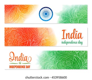 Independence Day. India. Banner set. Watercolor splash with traditional mehendi ornament. Indian Flag colors. For15th august lettering and Ashoka Wheel. Creative website header. Not trace.